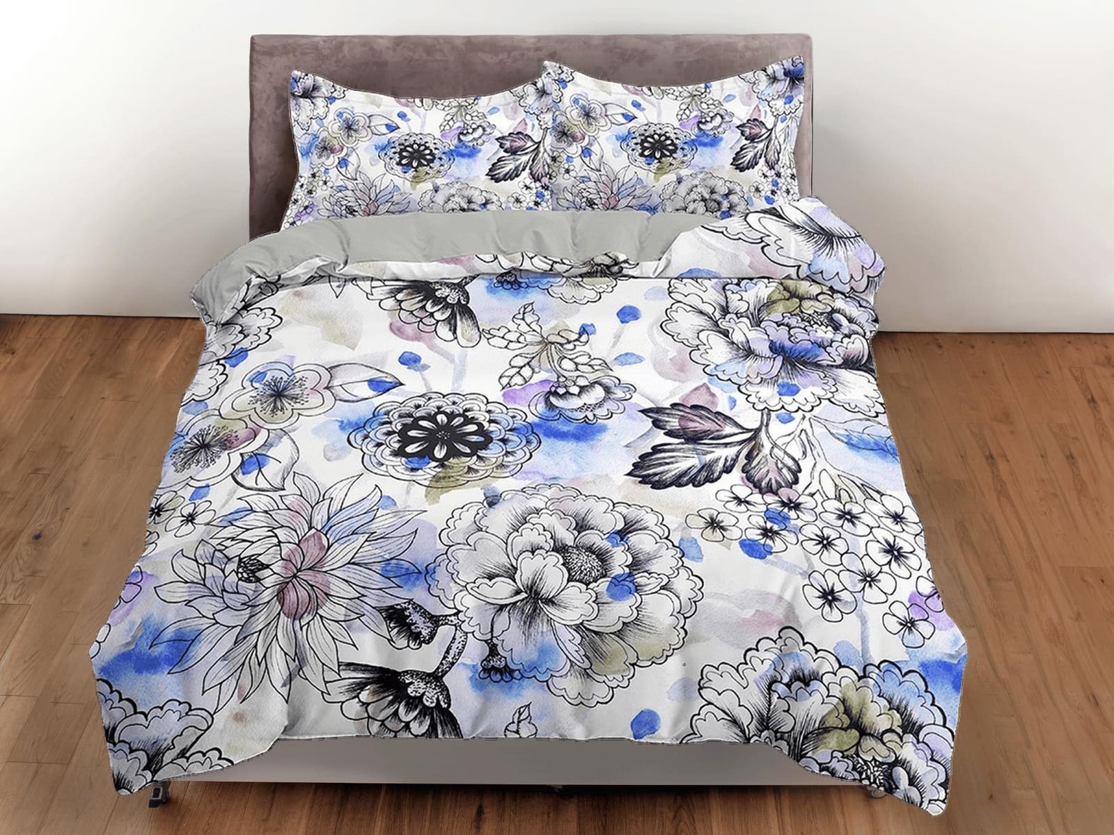 Blue tinted floral bedding, luxury duvet cover queen, king, boho duvet, designer bedding, aesthetic bedding, maximalist fu…