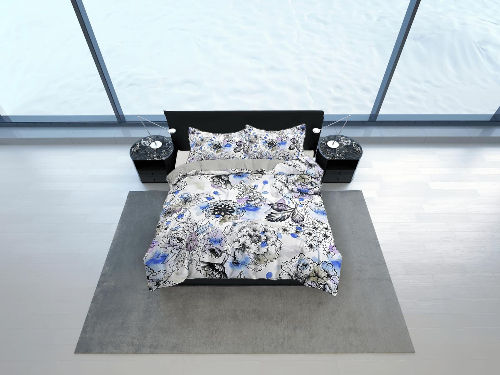 Blue tinted floral bedding, luxury duvet cover queen, king, boho duvet, designer bedding, aesthetic bedding, maximalist fu…