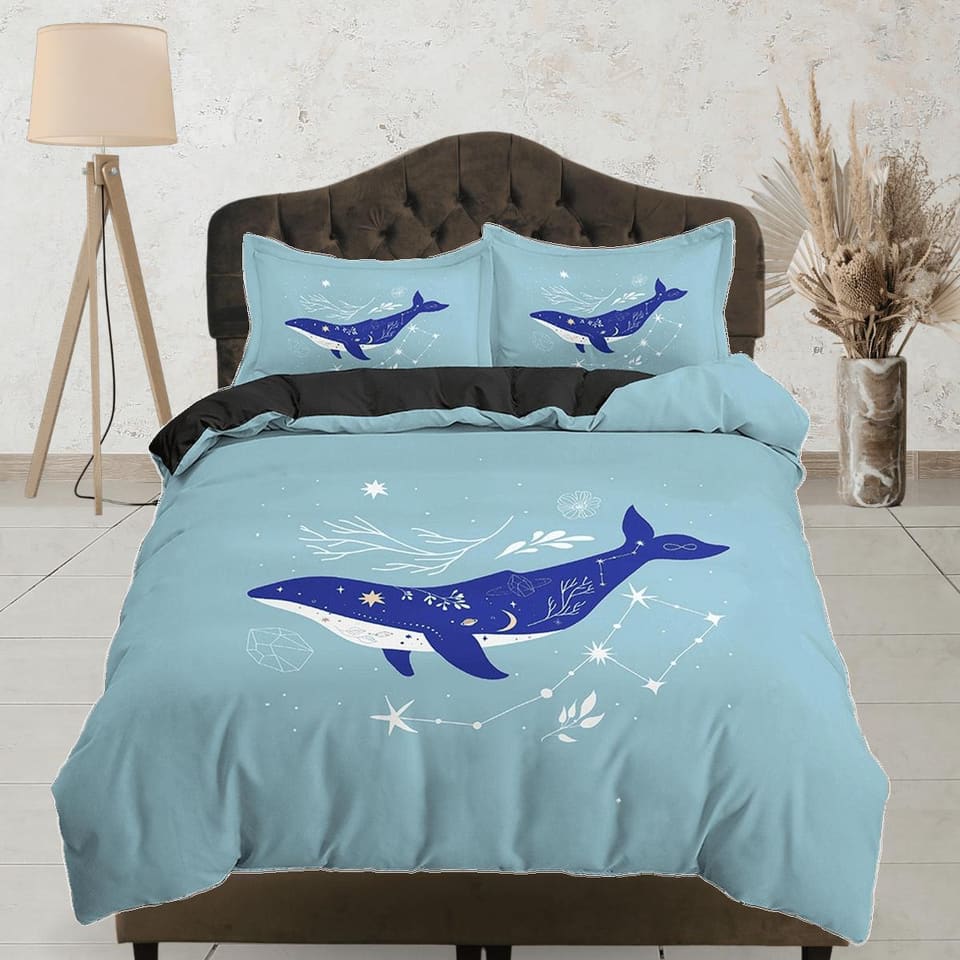 Blue Whale Constellation Boho Bedding, Minimalist Bohemian, Dorm Bedding, Duvet Cover Set, Aesthetic Duvet Cover King Quee…