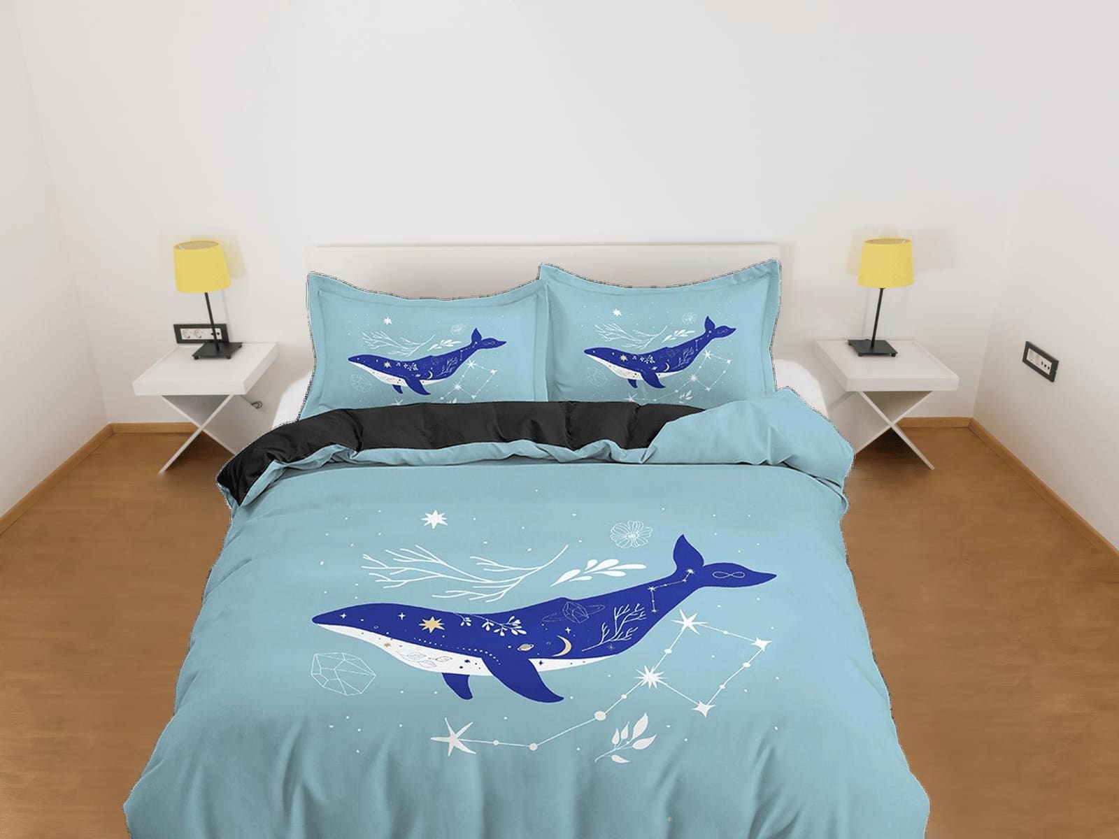 Blue Whale Constellation Boho Bedding, Minimalist Bohemian, Dorm Bedding, Duvet Cover Set, Aesthetic Duvet Cover King Quee…