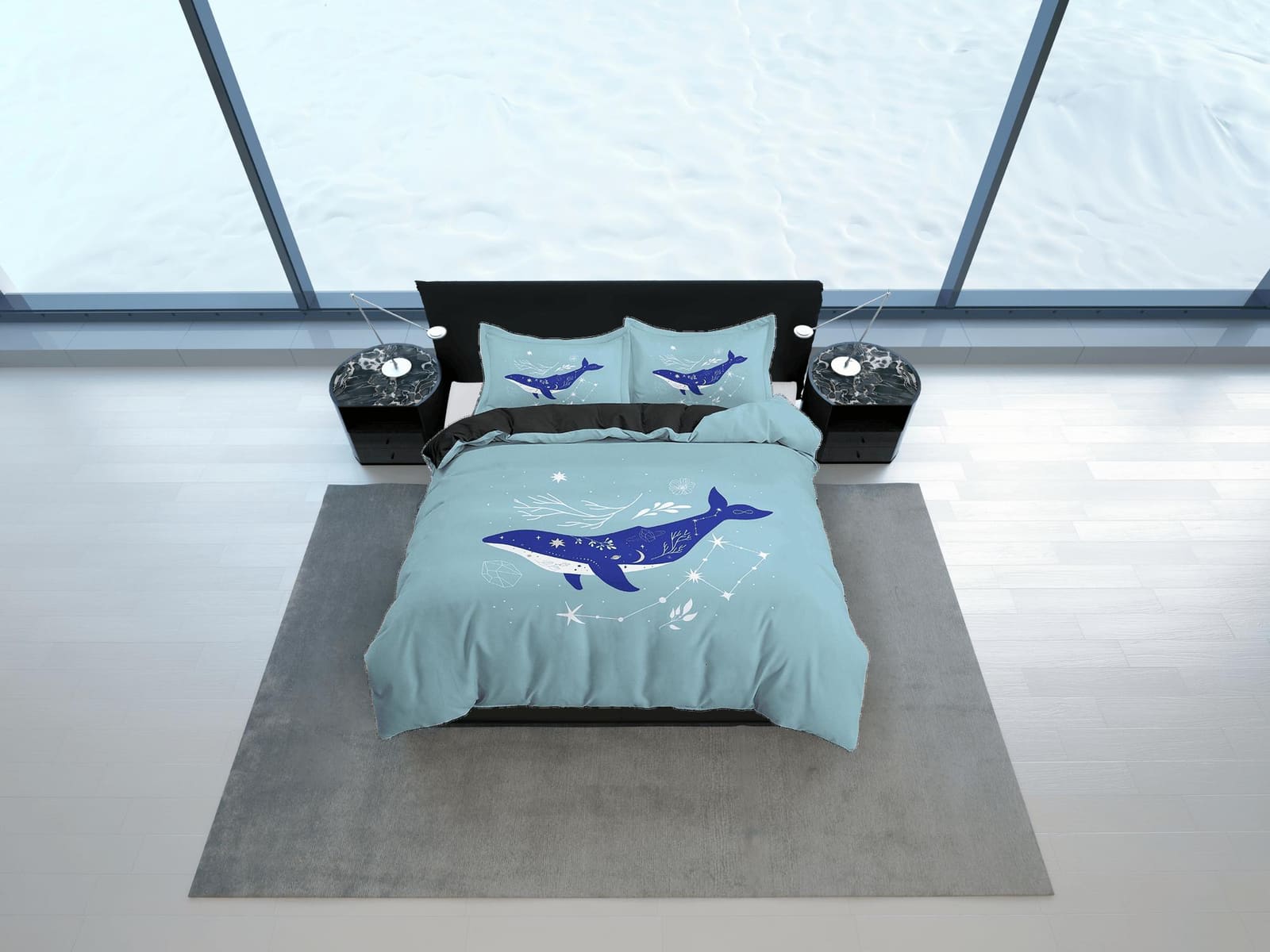 Blue Whale Constellation Boho Bedding, Minimalist Bohemian, Dorm Bedding, Duvet Cover Set, Aesthetic Duvet Cover King Quee…