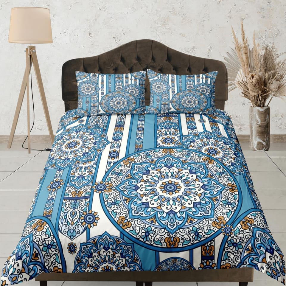 Blue whimsical mandala duvet cover boho bedding set full, queen, king, dorm bedding, aesthetic room decor indian bedspread…