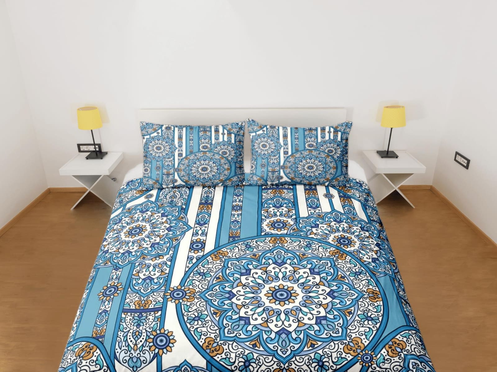 Blue whimsical mandala duvet cover boho bedding set full, queen, king, dorm bedding, aesthetic room decor indian bedspread…