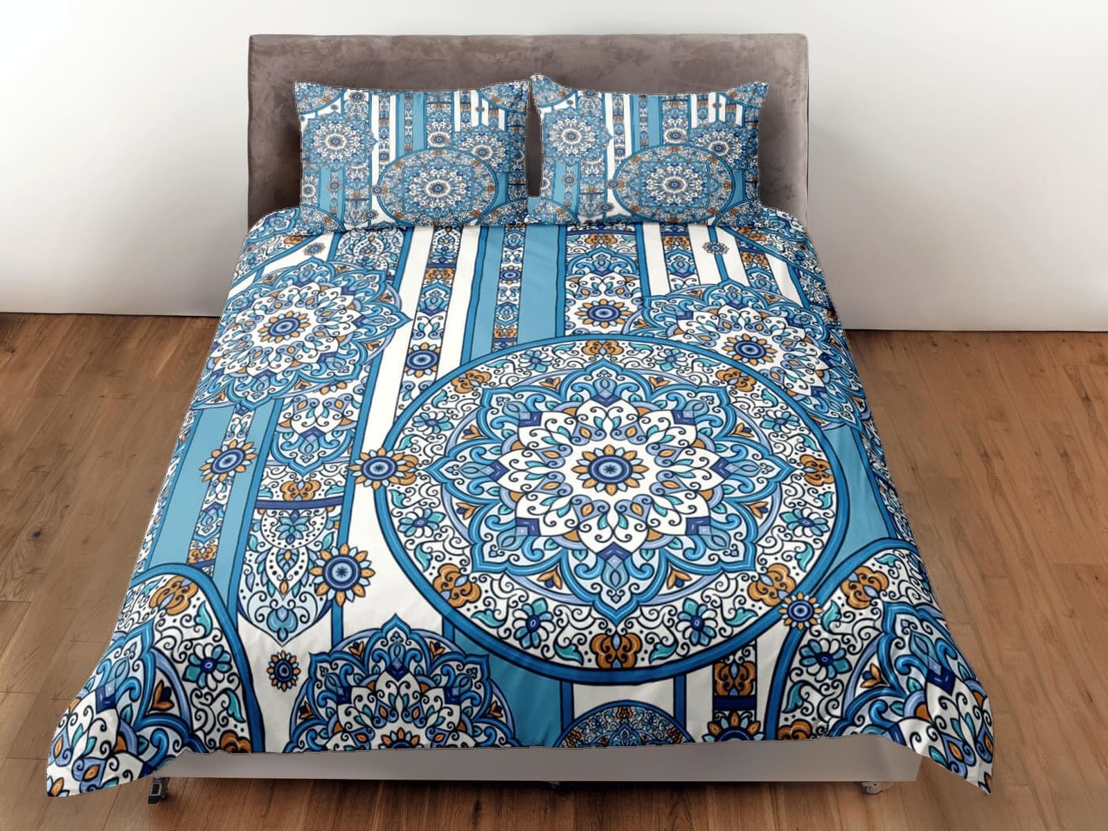 Blue whimsical mandala duvet cover boho bedding set full, queen, king, dorm bedding, aesthetic room decor indian bedspread…