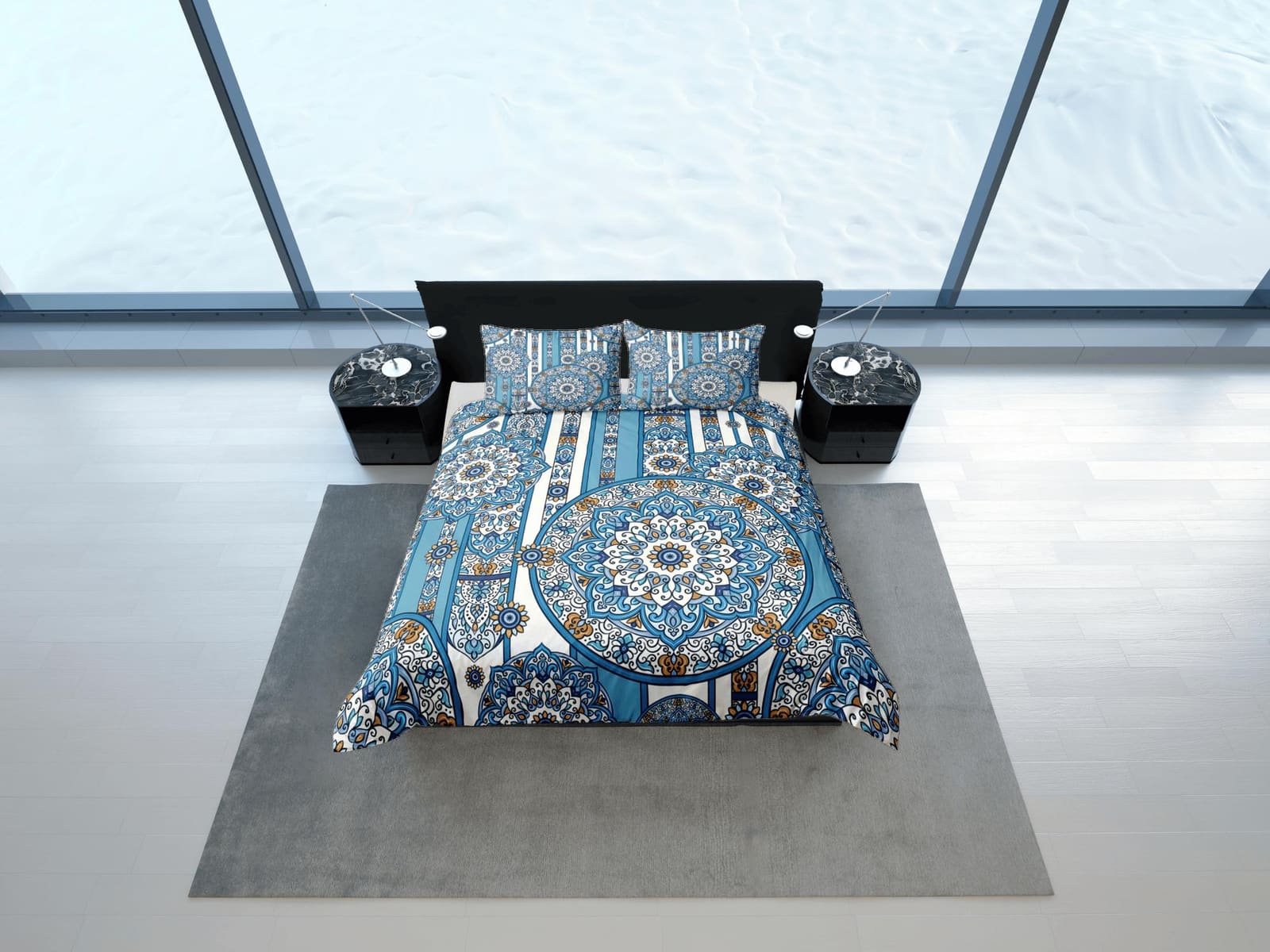 Blue whimsical mandala duvet cover boho bedding set full, queen, king, dorm bedding, aesthetic room decor indian bedspread…