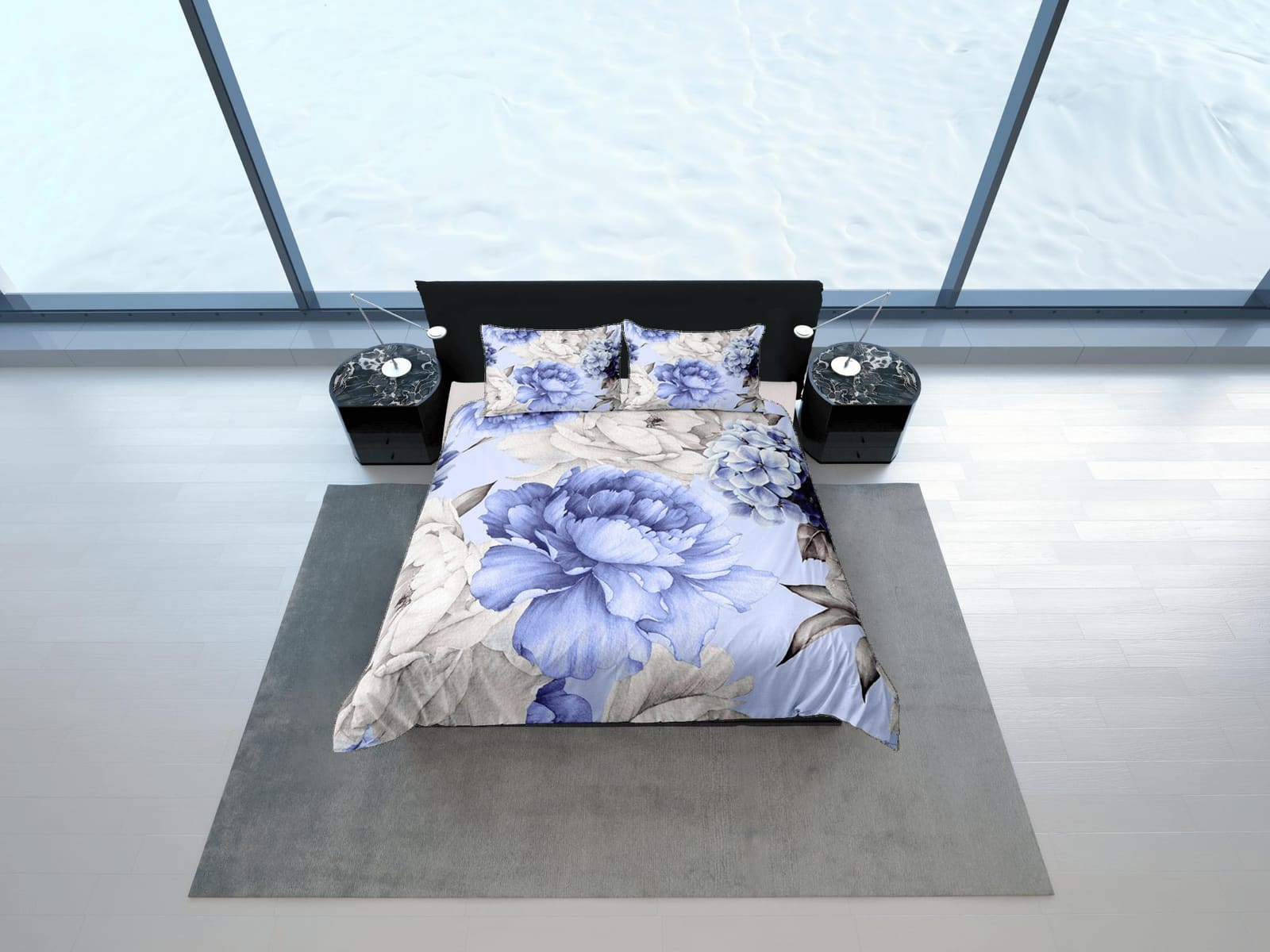Blue & White Peony Blue Duvet Cover Set, Floral Bedspread Dorm Bedding Set