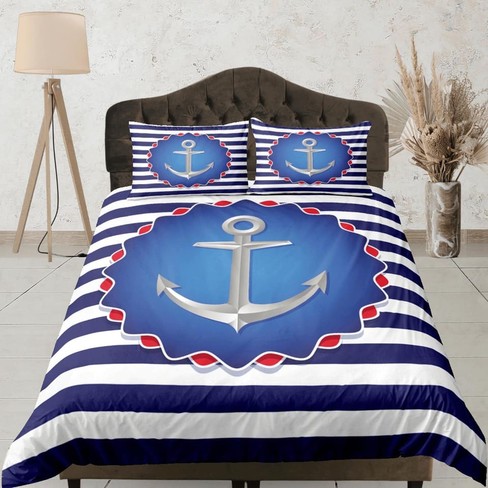 Blue white stripe anchor decor duvet cover coastal grandma nautical bedding set full queen king, aesthetic room decor, sea…