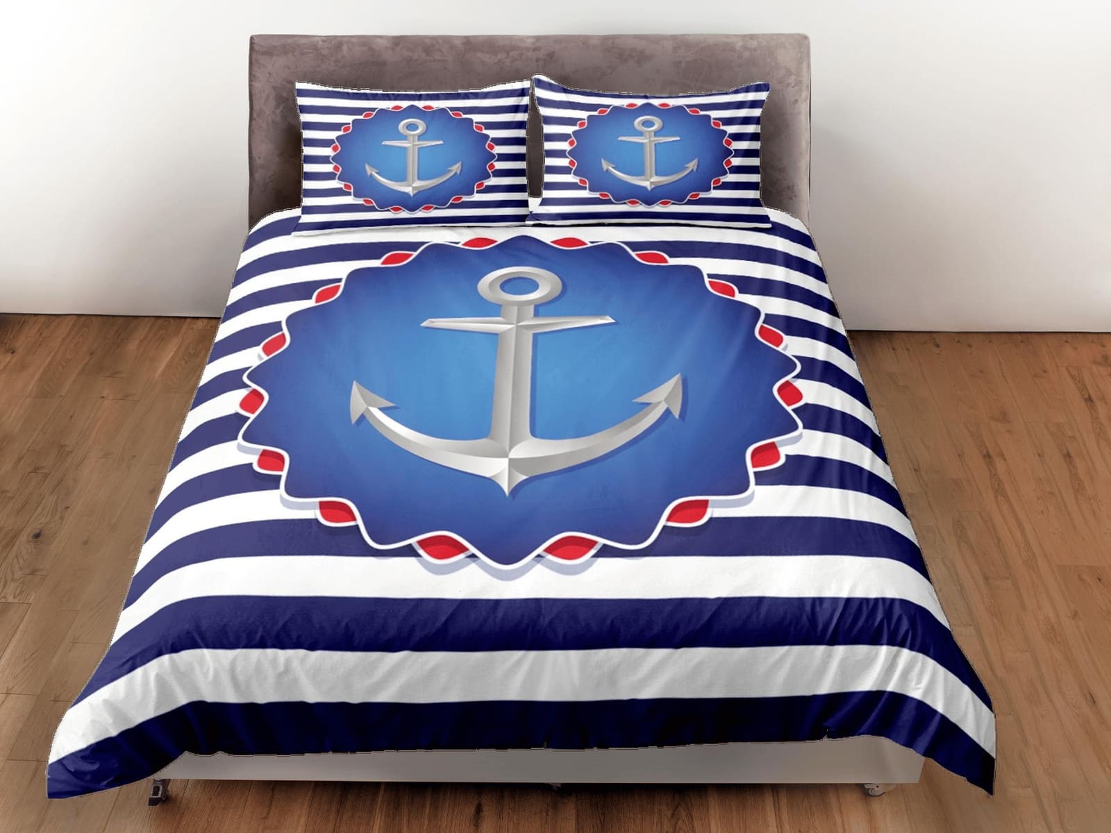 Blue white stripe anchor decor duvet cover coastal grandma nautical bedding set full queen king, aesthetic room decor, sea…