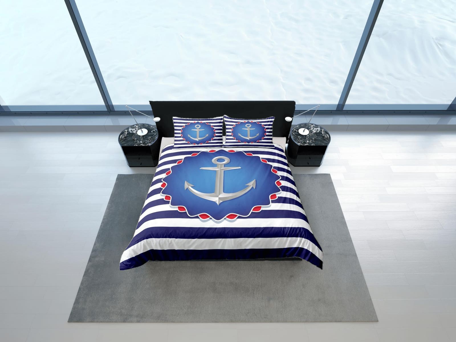 Blue white stripe anchor decor duvet cover coastal grandma nautical bedding set full queen king, aesthetic room decor, sea…
