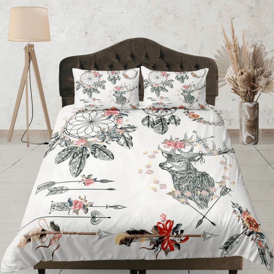 Bohemian Duvet Cover Set Boho Bedding, Reindeer Floral Dorm Bedding & Pillowcase, King Duvet Cover Full, Queen Comforter B…