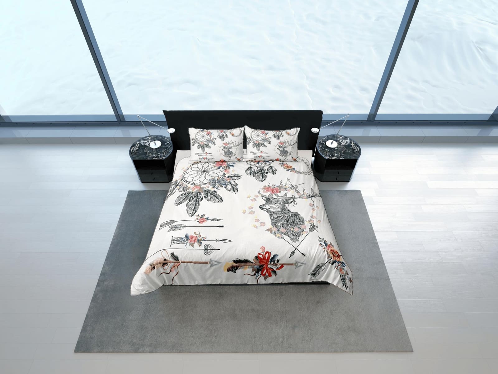 Bohemian Duvet Cover Set Boho Bedding, Reindeer Floral Dorm Bedding & Pillowcase, King Duvet Cover Full, Queen Comforter B…