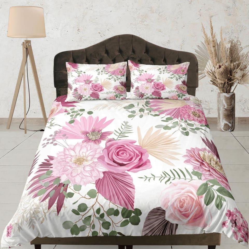 Bohemian pink roses and camelia duvet cover colorful bedding, teen girl bedroom, baby girl crib bedding boho maximalist be…