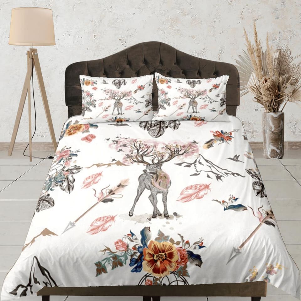 Bohemian Reindeer Duvet Cover Set Cute Bedspread, Boho Dorm Bedding with Pillowcase