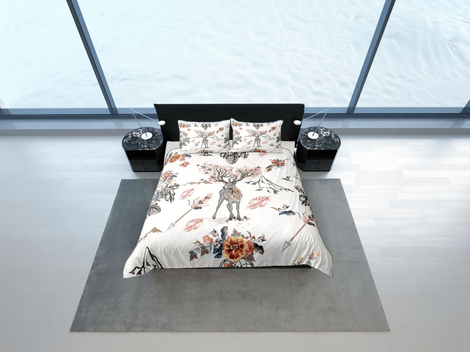 Bohemian Reindeer Duvet Cover Set Cute Bedspread, Boho Dorm Bedding with Pillowcase
