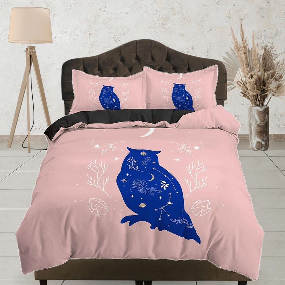 Boho Bedding Beige Pink, Duvet Cover Set with Blue Owl and Stars Celestial, Dorm Bedding, Aesthetic Bed Cover King Queen F…
