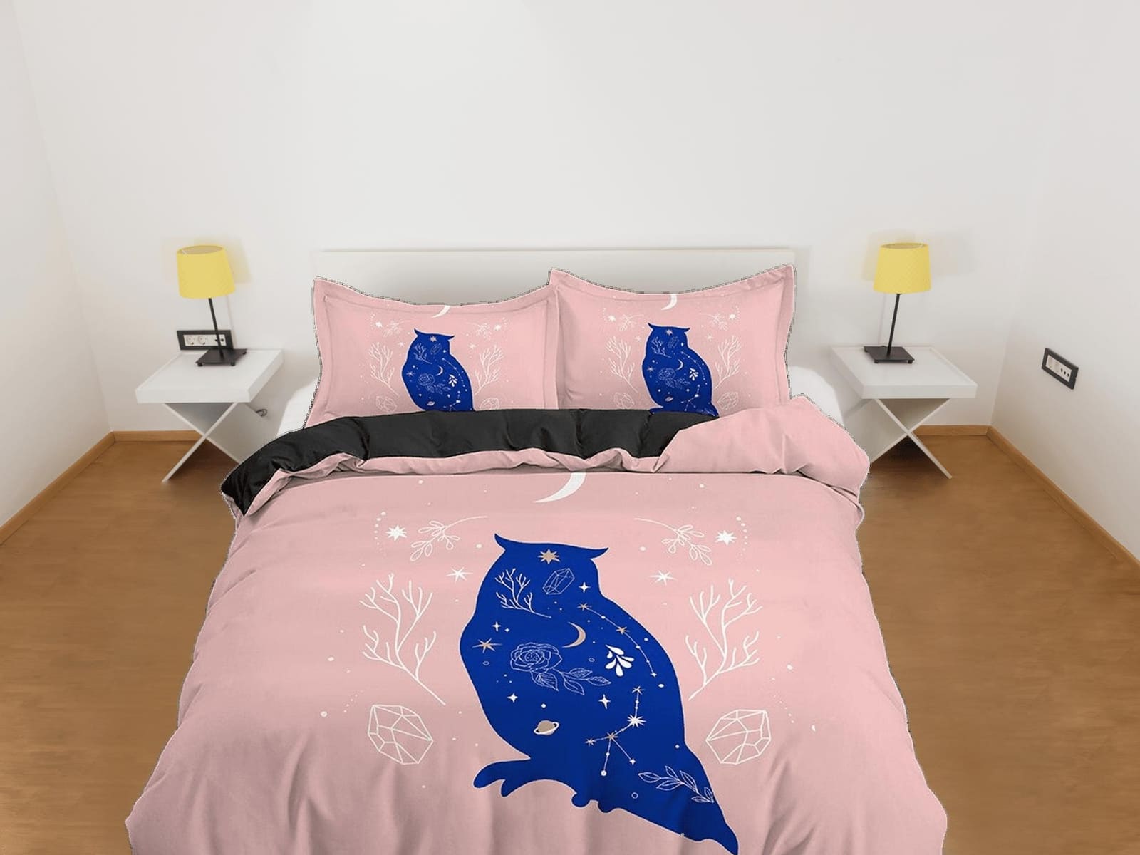 Boho Bedding Beige Pink, Duvet Cover Set with Blue Owl and Stars Celestial, Dorm Bedding, Aesthetic Bed Cover King Queen F…