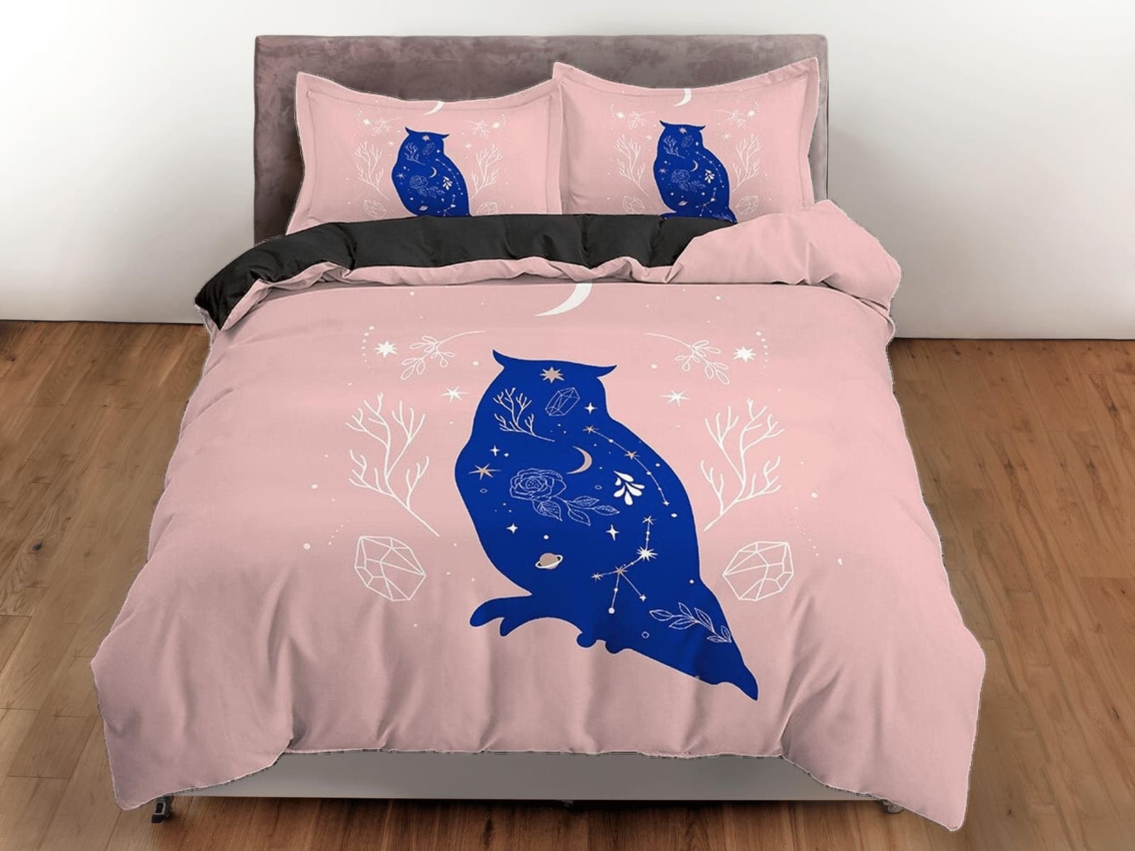 Boho Bedding Beige Pink, Duvet Cover Set with Blue Owl and Stars Celestial, Dorm Bedding, Aesthetic Bed Cover King Queen F…