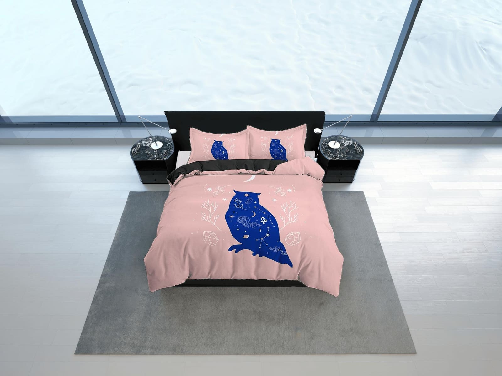 Boho Bedding Beige Pink, Duvet Cover Set with Blue Owl and Stars Celestial, Dorm Bedding, Aesthetic Bed Cover King Queen F…