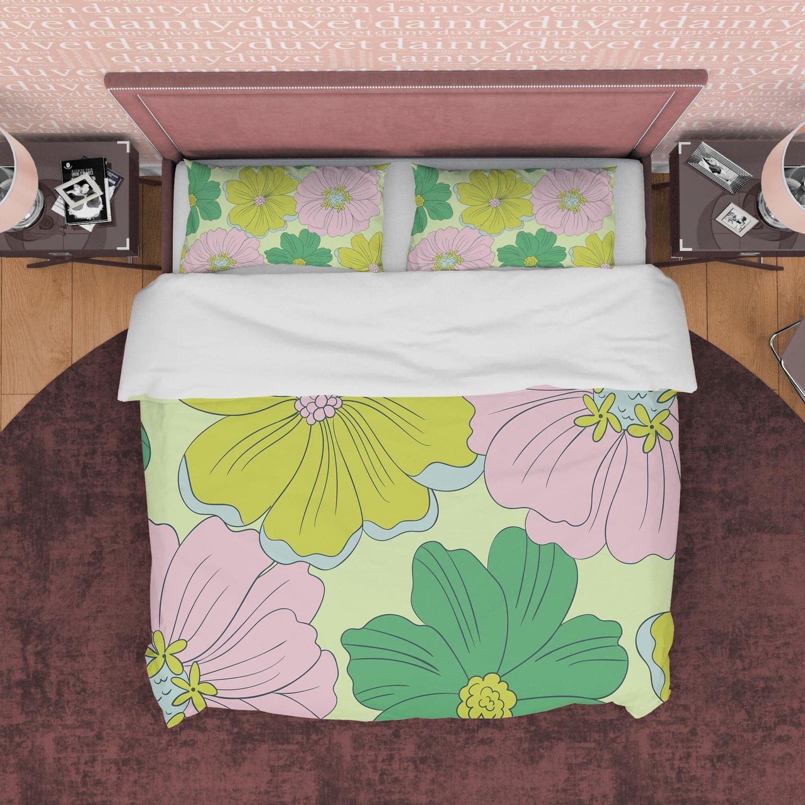 Boho Bedding Colorful Duvet Cover Bohemian Bedroom Set, Green Pink Floral Quilt Cover, Aesthetic Bedspread, Bright Color U…