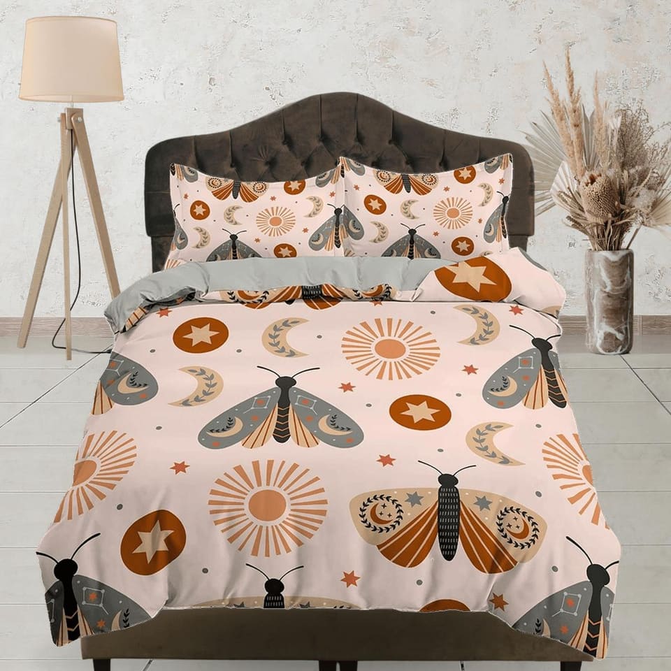 Boho Bedding with Luna Moth in Beige, Celestial Duvet Cover Set, Moon Sun Dorm Bedding, Aesthetic Duvet Cover King Queen F…