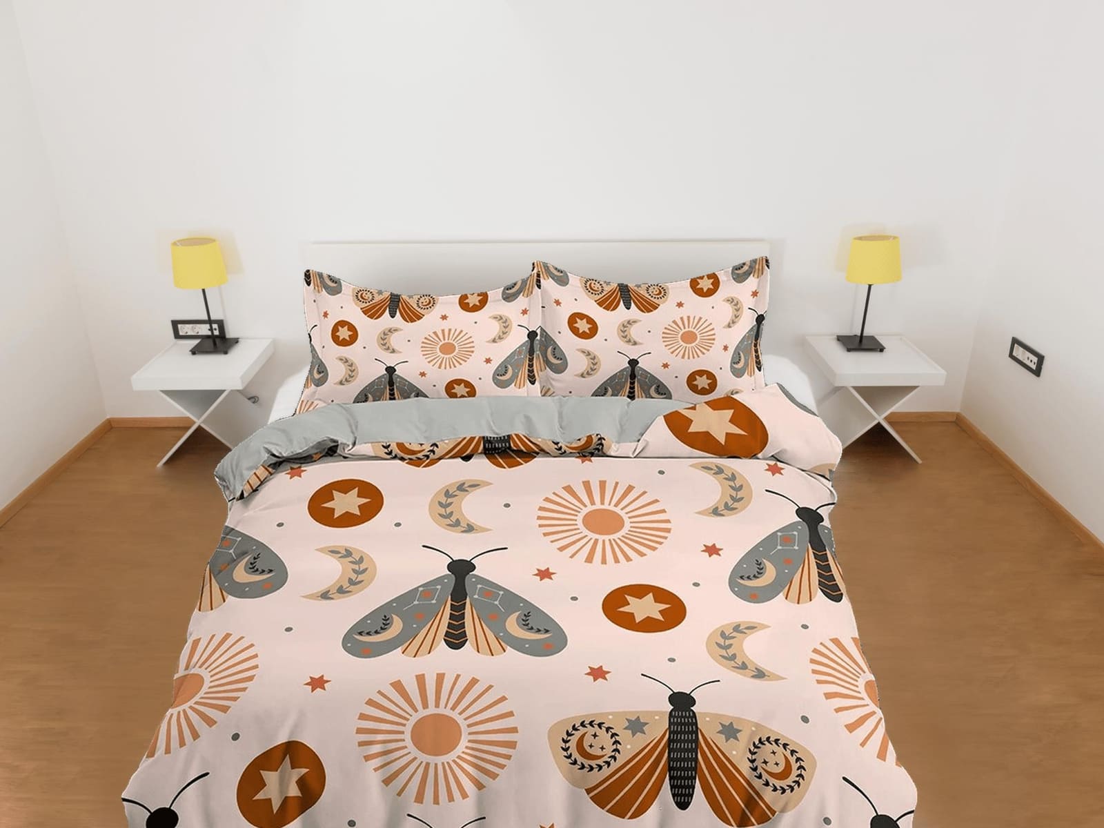 Boho Bedding with Luna Moth in Beige, Celestial Duvet Cover Set, Moon Sun Dorm Bedding, Aesthetic Duvet Cover King Queen F…