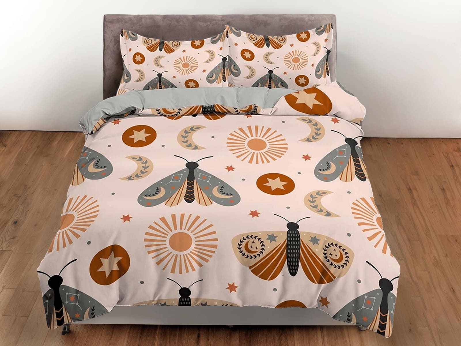 Boho Bedding with Luna Moth in Beige, Celestial Duvet Cover Set, Moon Sun Dorm Bedding, Aesthetic Duvet Cover King Queen F…