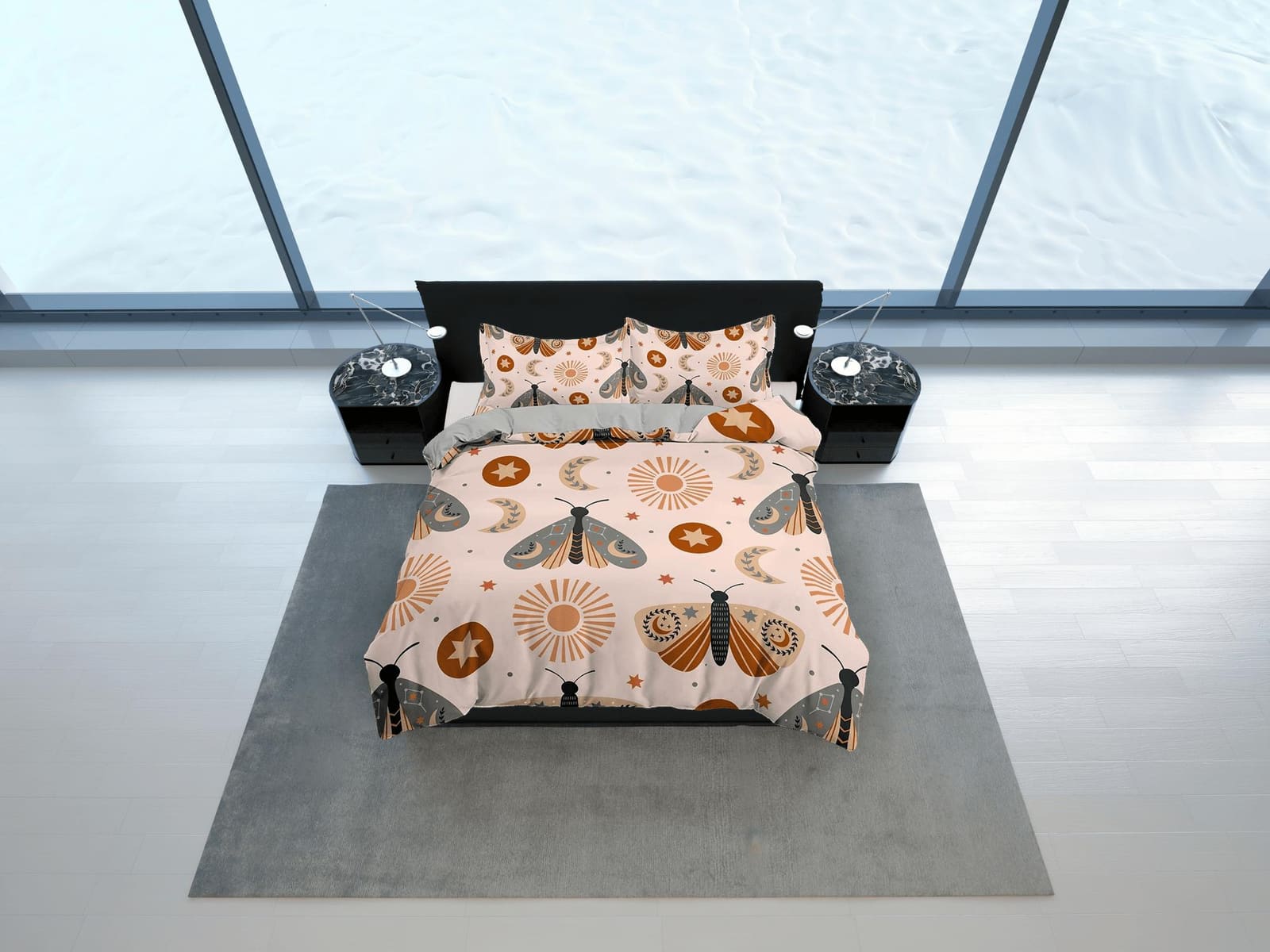Boho Bedding with Luna Moth in Beige, Celestial Duvet Cover Set, Moon Sun Dorm Bedding, Aesthetic Duvet Cover King Queen F…