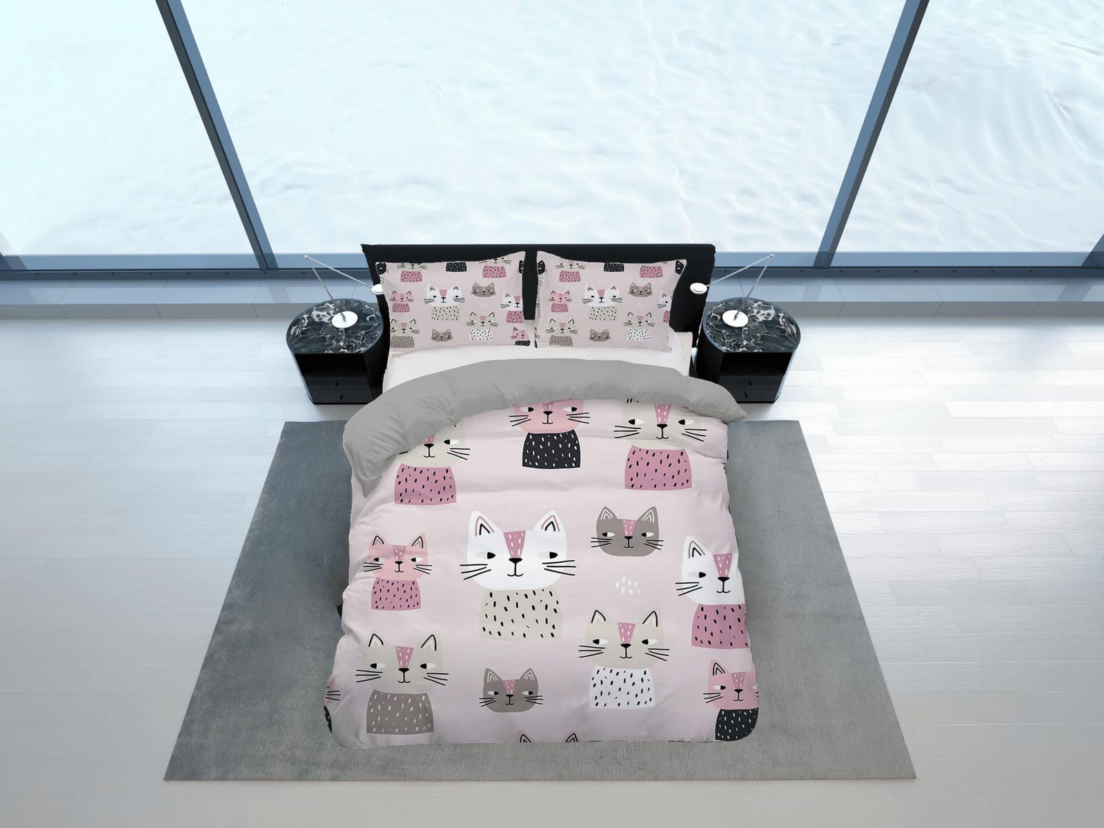 Boho cat bedding, toddler bedding, kids duvet cover set, gift for cat lovers, baby bedding, baby shower gift, pink bedding…