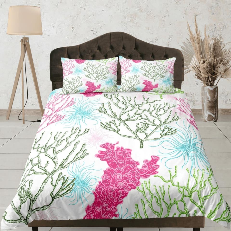 Boho dainty corals coastal grandma duvet cover nautical bedding set full queen king, aesthetic beach room decor, ocean lov…