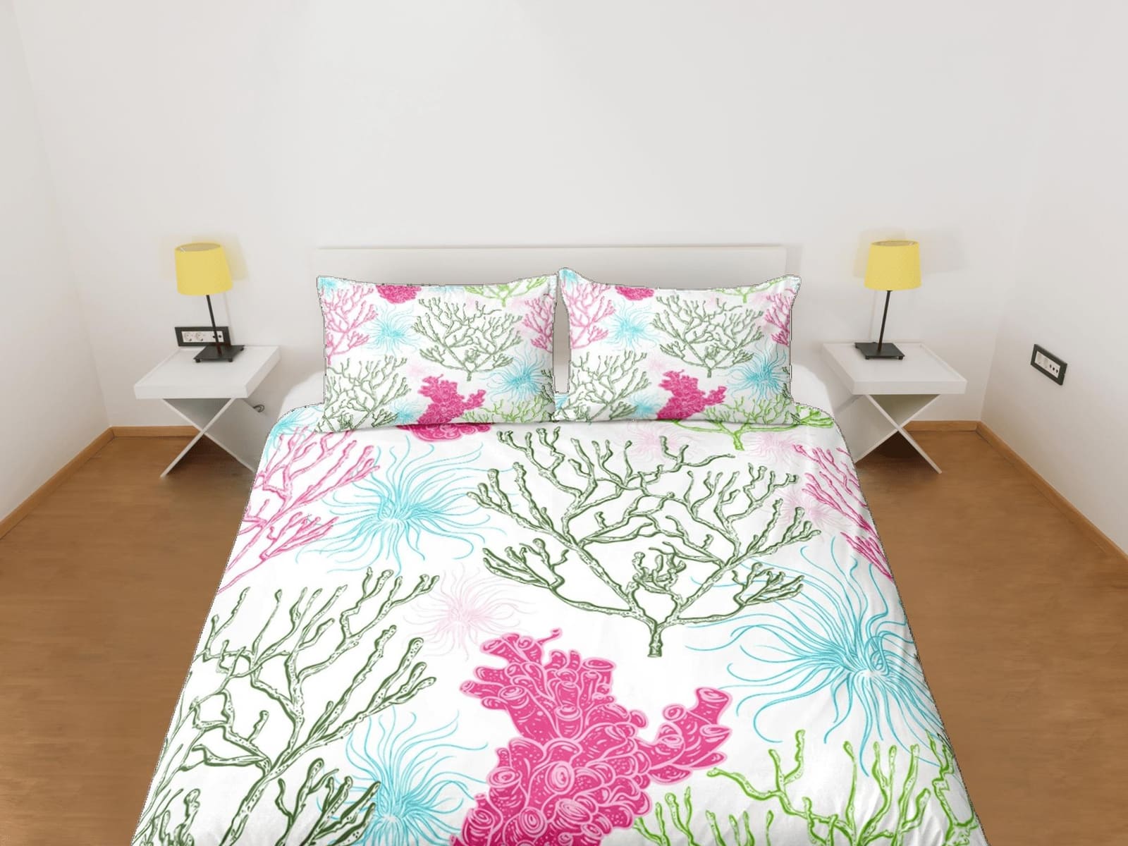 Boho dainty corals coastal grandma duvet cover nautical bedding set full queen king, aesthetic beach room decor, ocean lov…