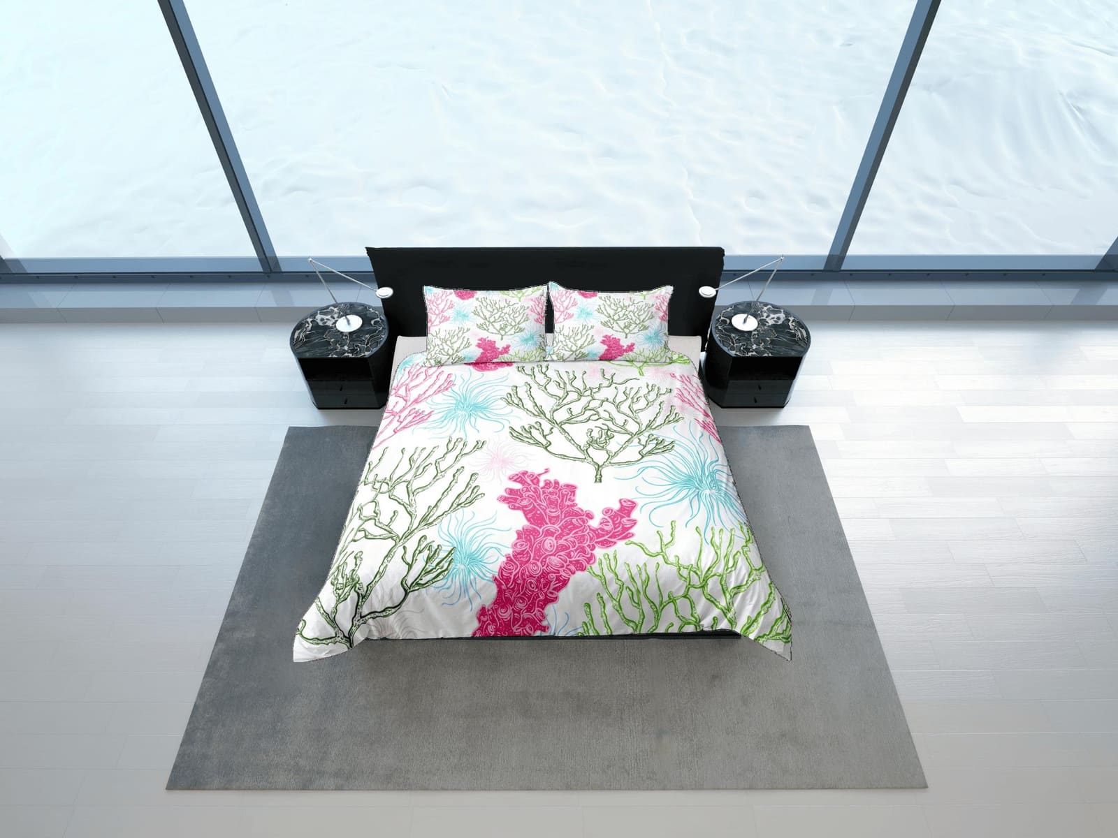 Boho dainty corals coastal grandma duvet cover nautical bedding set full queen king, aesthetic beach room decor, ocean lov…