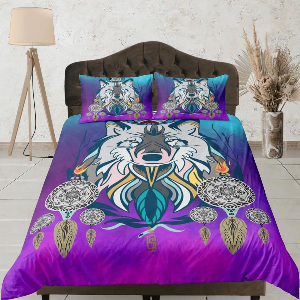 Boho fox dreamcatcher psychedelic duvet cover hippie bedding set full, preppy dorm bedding, indie room decor, aesthetic be…
