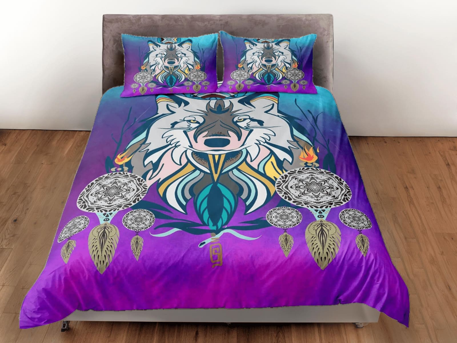 Boho fox dreamcatcher psychedelic duvet cover hippie bedding set full, preppy dorm bedding, indie room decor, aesthetic be…