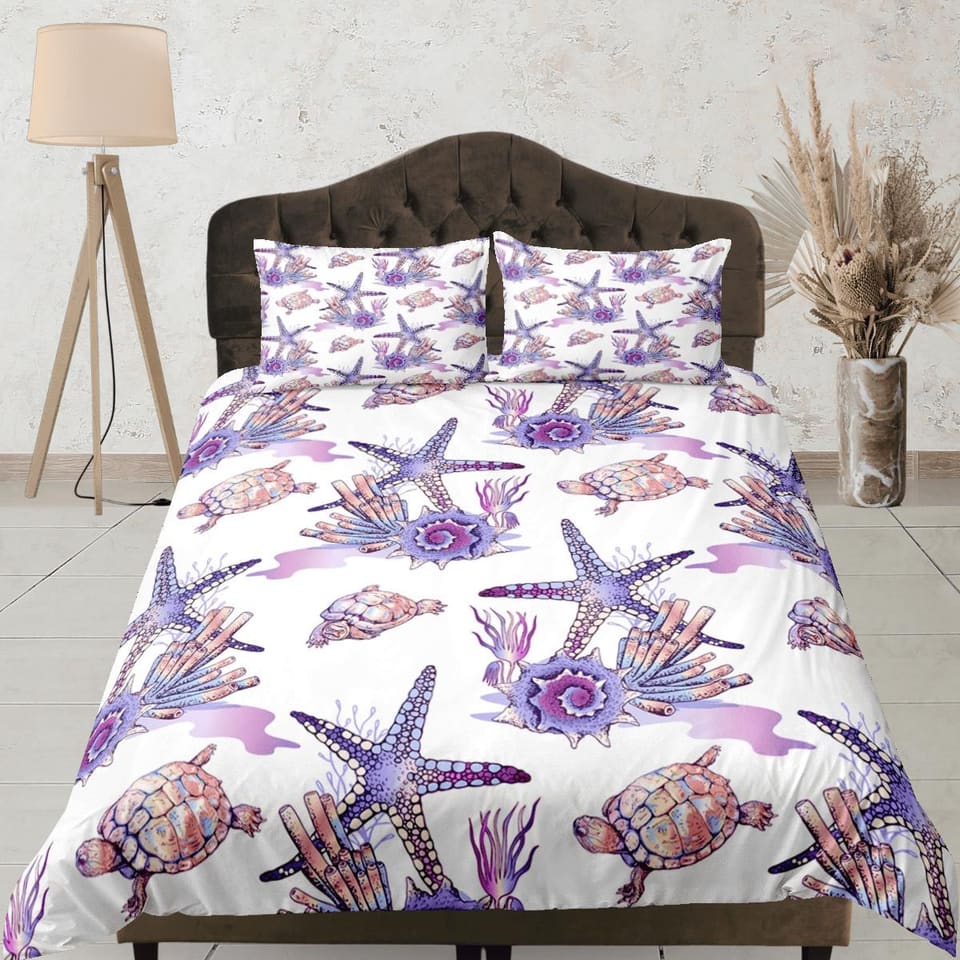 Boho purple starfish corals coastal grandma duvet cover ocean blush bedding set full queen king, aesthetic room decor, gif…