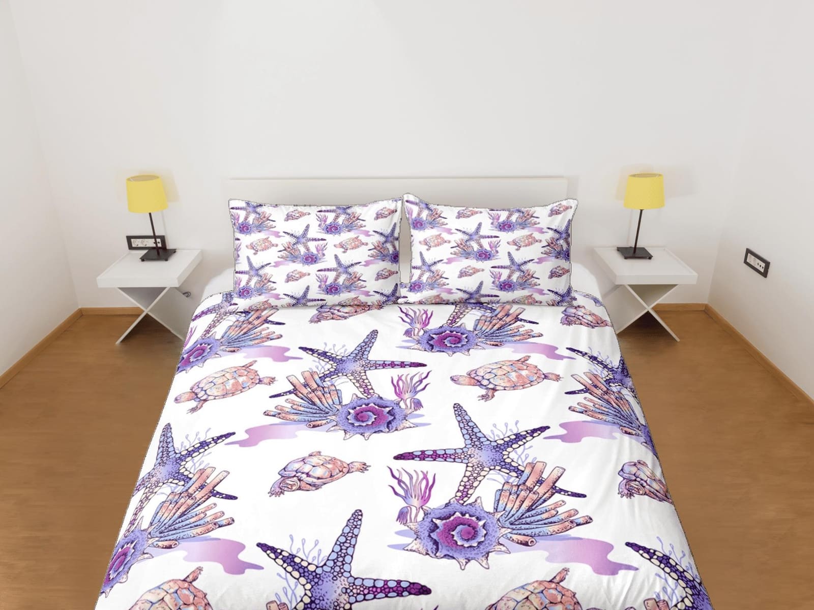 Boho purple starfish corals coastal grandma duvet cover ocean blush bedding set full queen king, aesthetic room decor, gif…