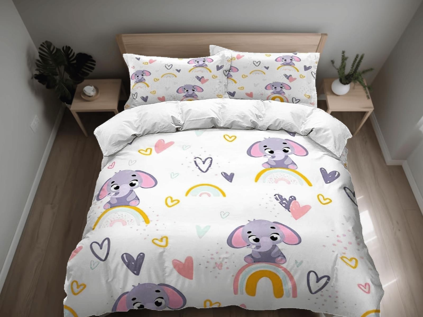 Boho rainbow elephant bedding cute duvet cover set, kids bedding full, nursery bed decor, elephant baby shower, toddler be…