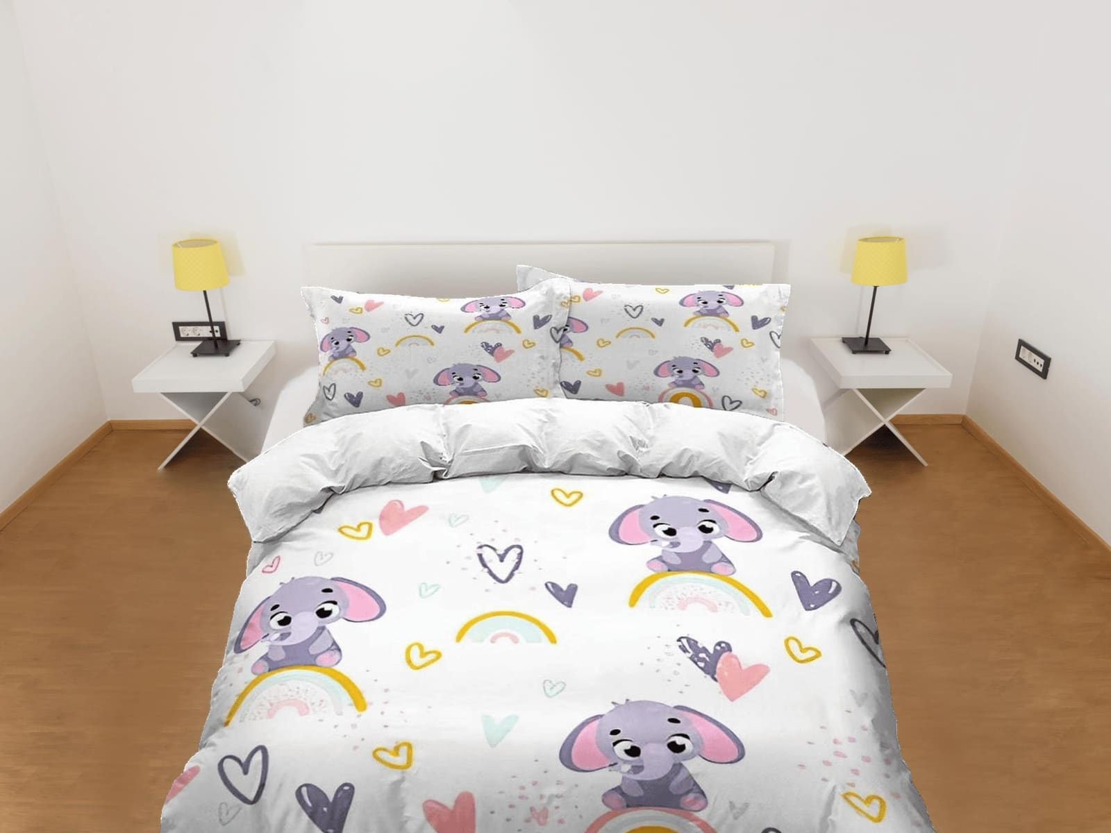 Boho rainbow elephant bedding cute duvet cover set, kids bedding full, nursery bed decor, elephant baby shower, toddler be…