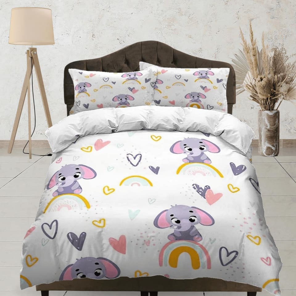 Boho rainbow pattern elephant bedding cute duvet cover set, kids bedding full, nursery bed decor, elephant baby shower, to…