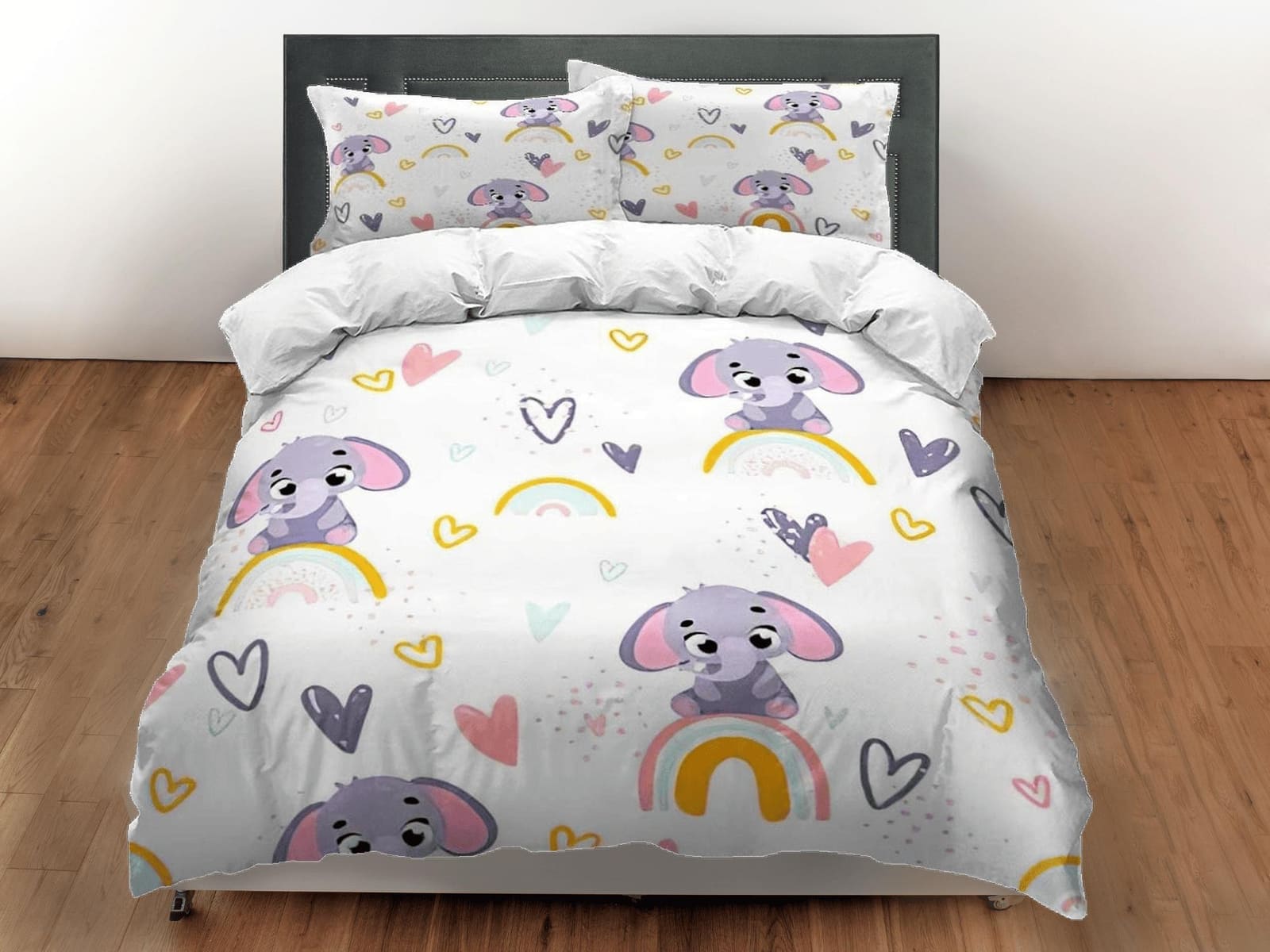Boho rainbow pattern elephant bedding cute duvet cover set, kids bedding full, nursery bed decor, elephant baby shower, to…