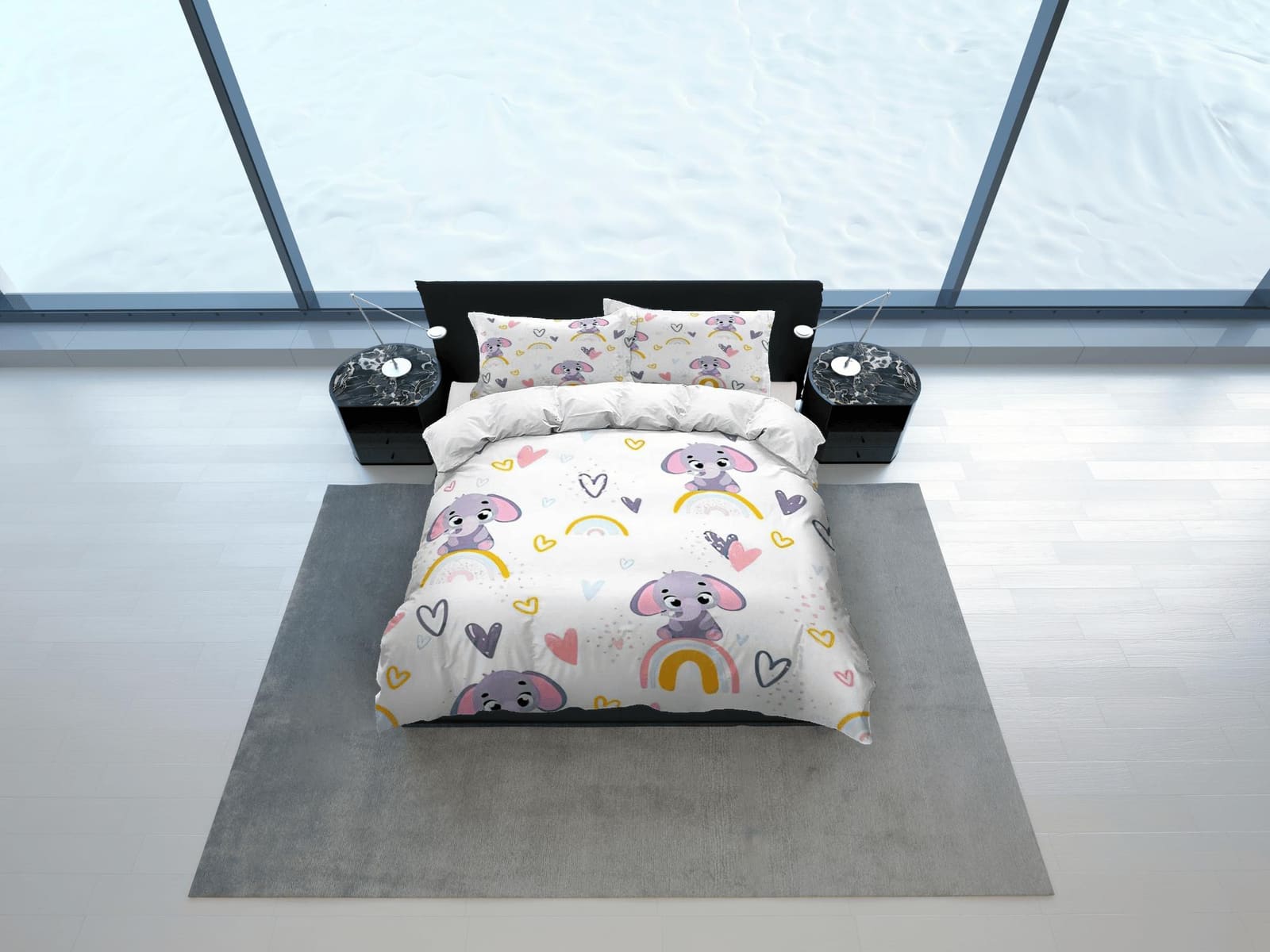 Boho rainbow pattern elephant bedding cute duvet cover set, kids bedding full, nursery bed decor, elephant baby shower, to…