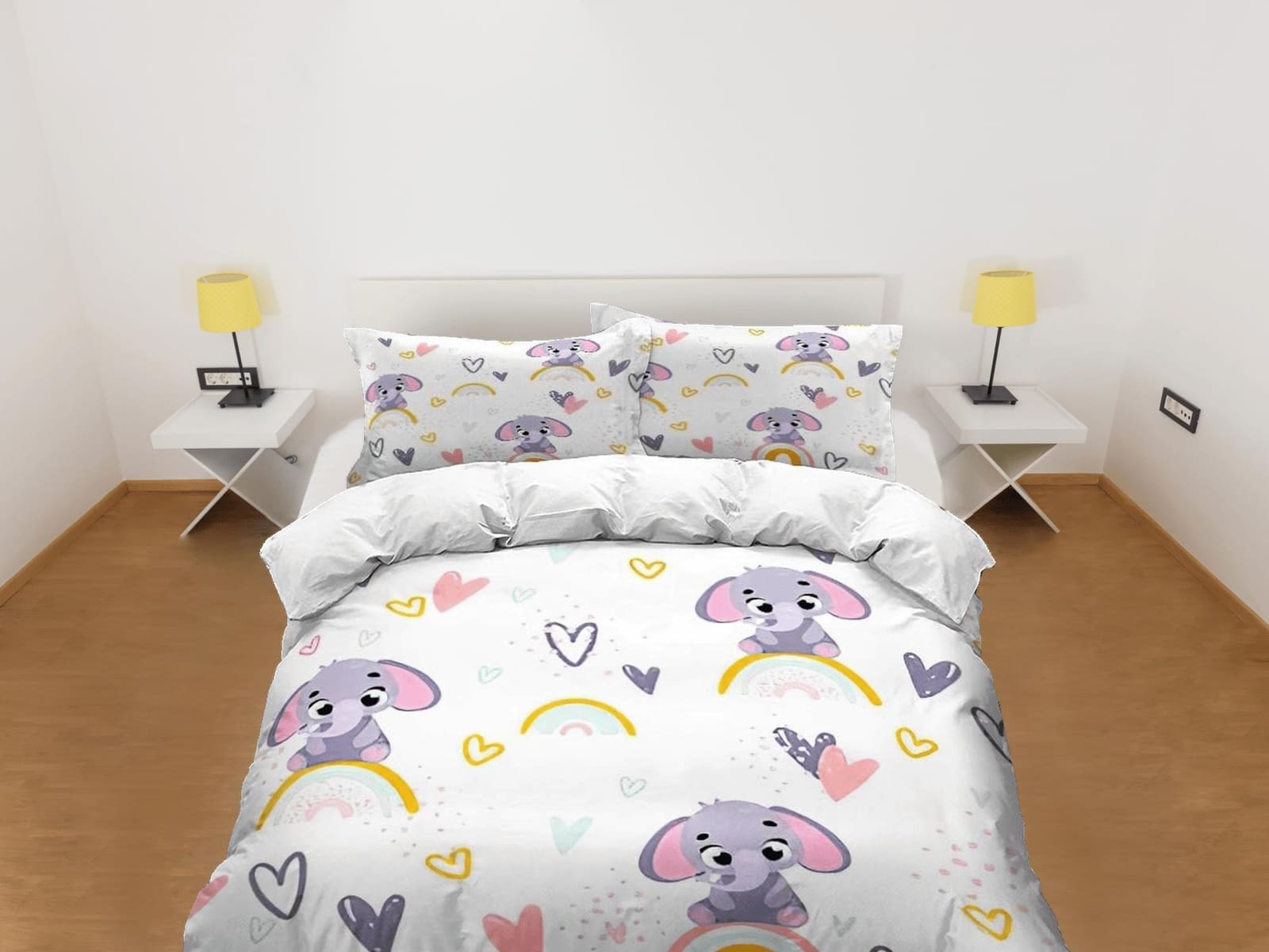Boho rainbow pattern elephant bedding cute duvet cover set, kids bedding full, nursery bed decor, elephant baby shower, to…