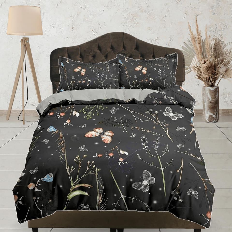 Botanical butterfly bedding black duvet cover colorful dorm bedding, full size adult duvet king queen twin, nursery toddle…