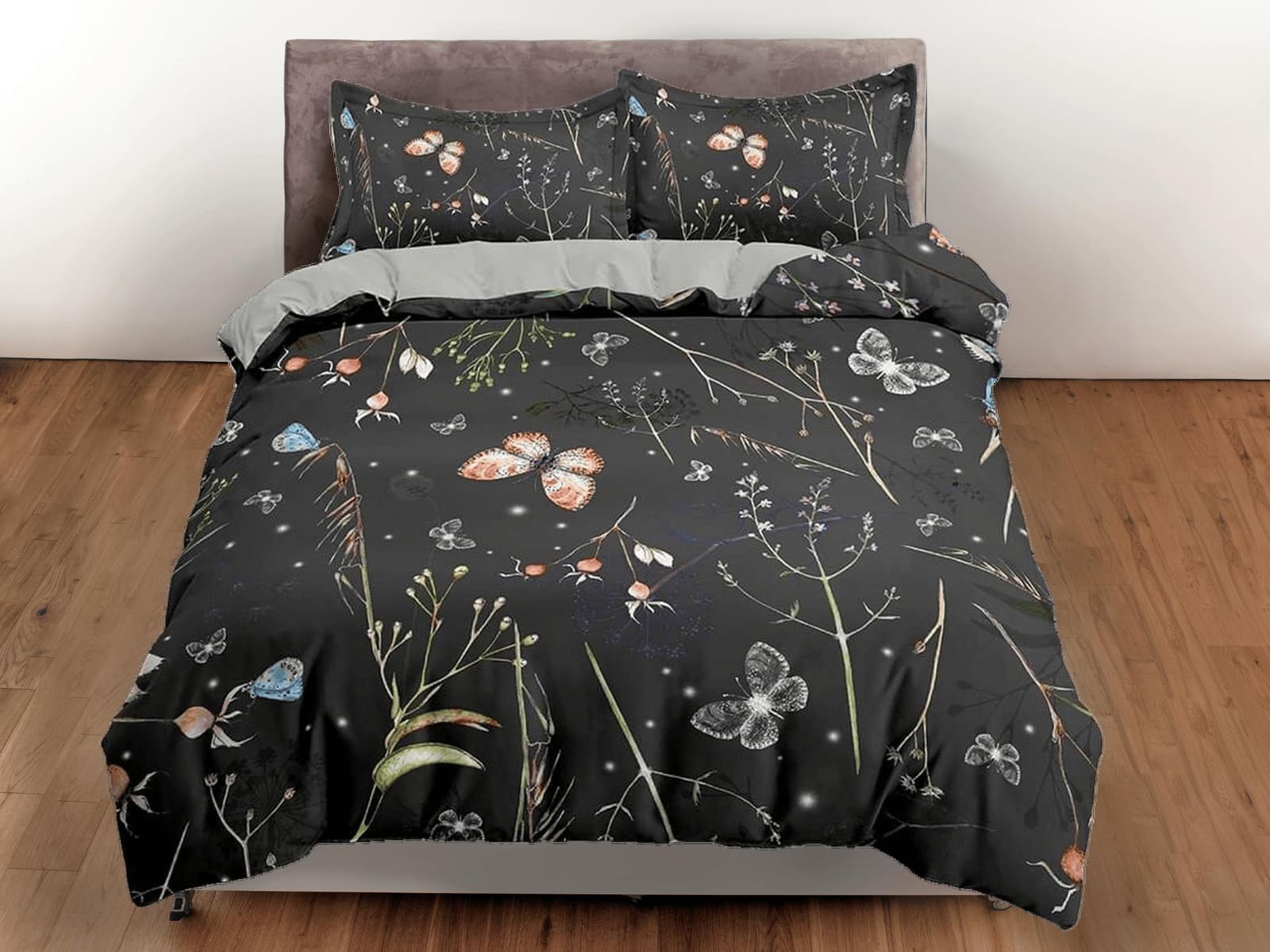Botanical butterfly bedding black duvet cover colorful dorm bedding, full size adult duvet king queen twin, nursery toddle…