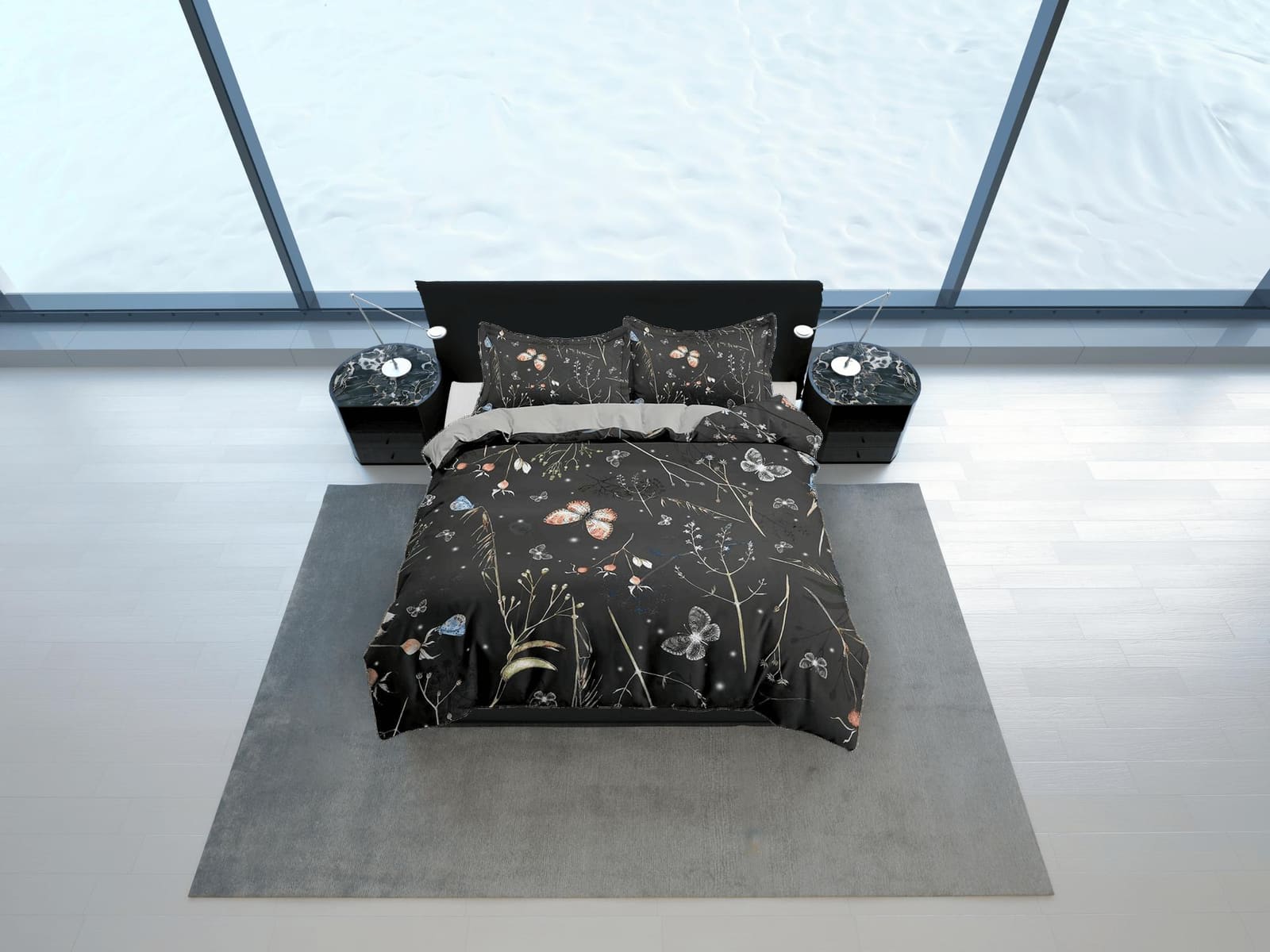 Botanical butterfly bedding black duvet cover colorful dorm bedding, full size adult duvet king queen twin, nursery toddle…