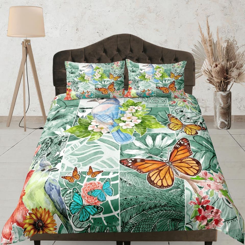 Botanical garden monarch butterfly bedding boho chic aesthetic duvet cover, dorm bedding full size adult duvet king queen…