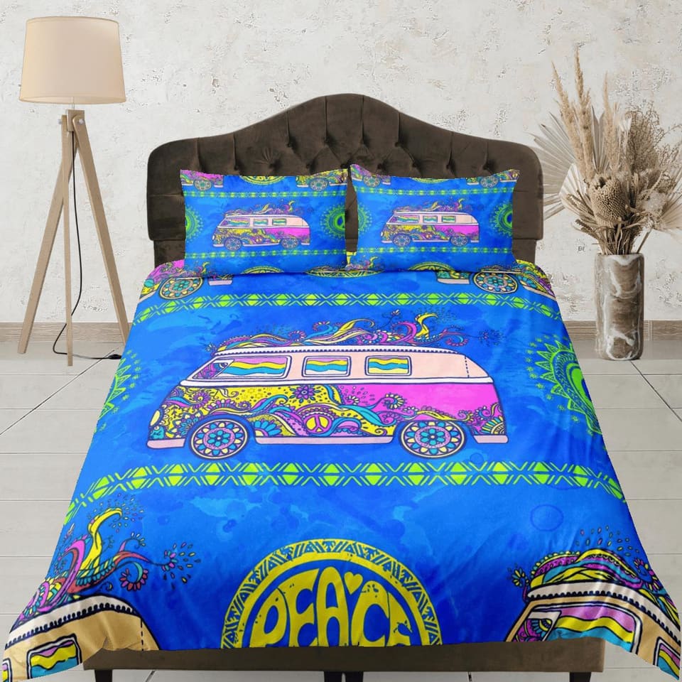 Bright blue 90s nostalgia colorful bus peace hippie bedding, retro duvet cover set, dorm bedding, teens adult duvet cover,…