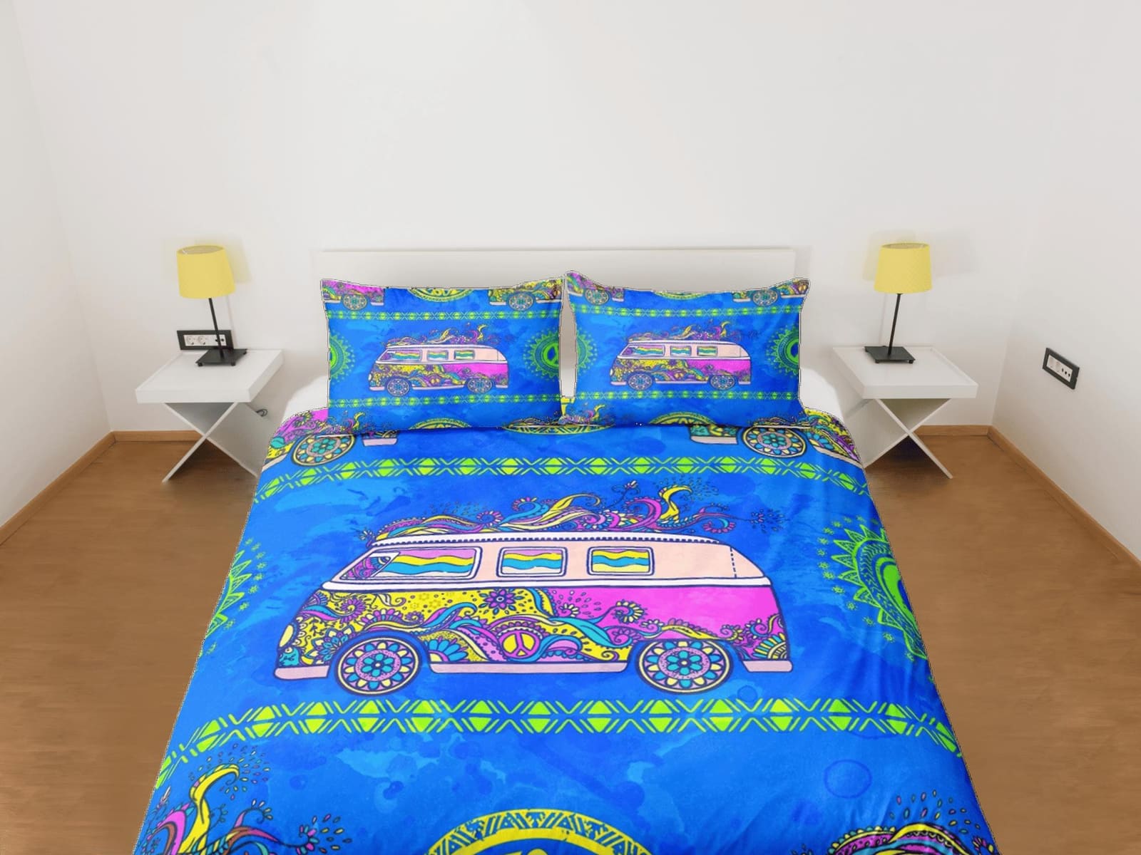 Bright blue 90s nostalgia colorful bus peace hippie bedding, retro duvet cover set, dorm bedding, teens adult duvet cover,…