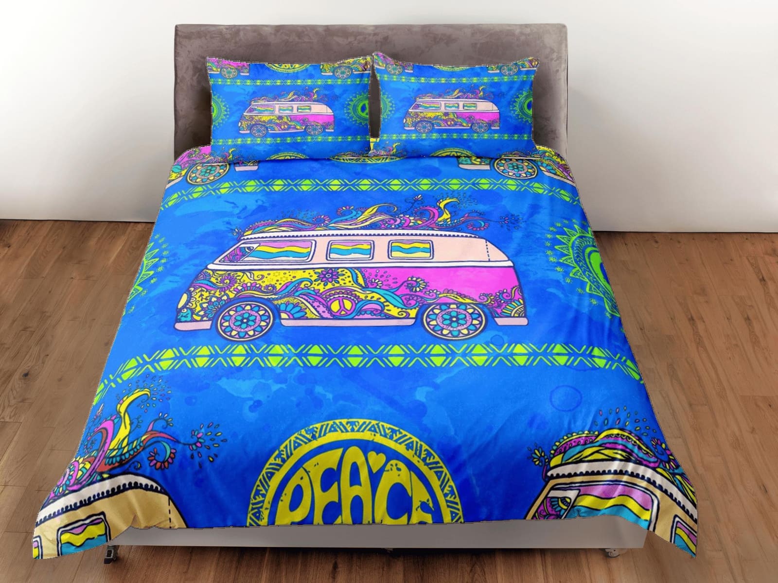 Bright blue 90s nostalgia colorful bus peace hippie bedding, retro duvet cover set, dorm bedding, teens adult duvet cover,…