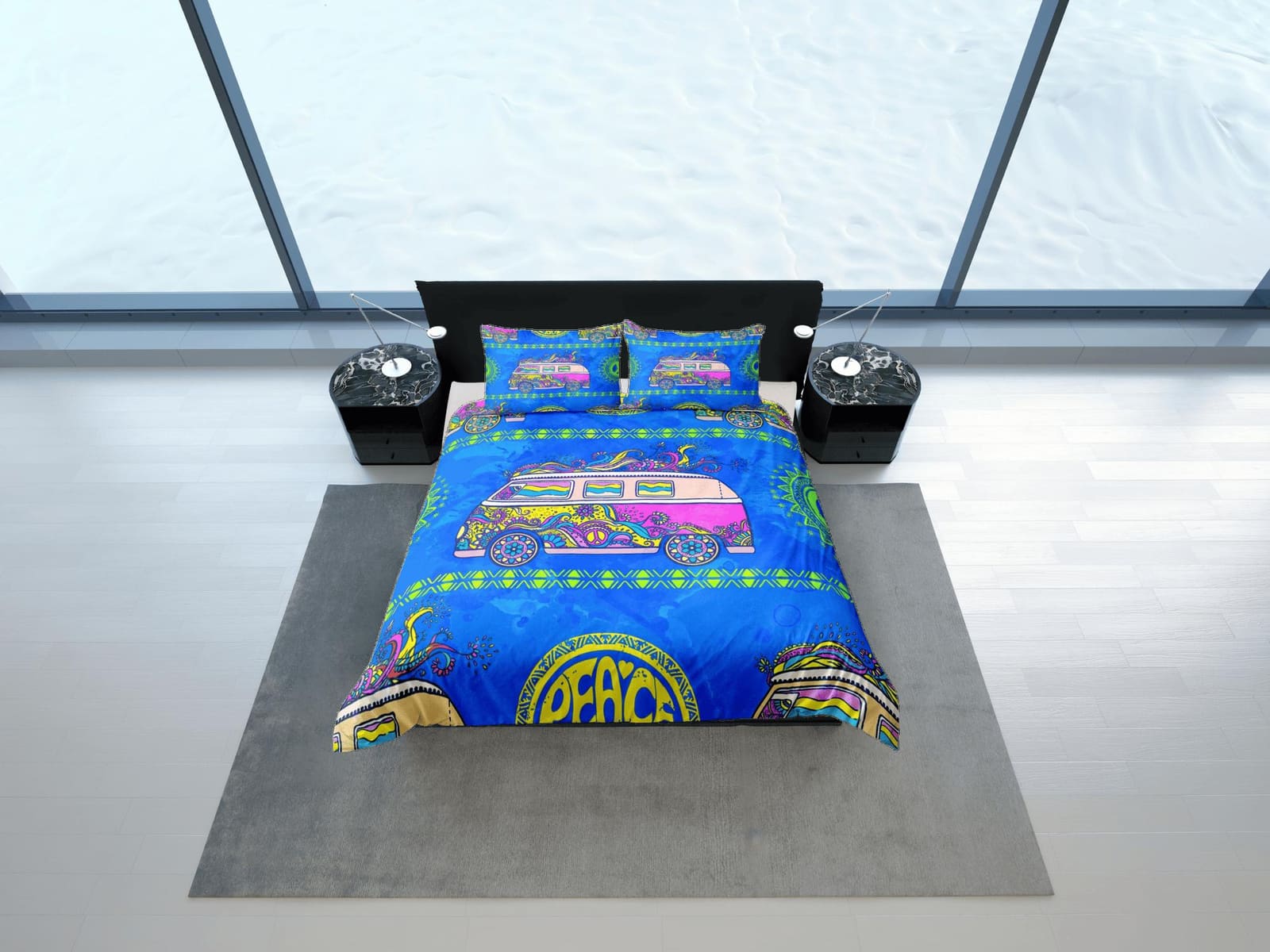 Bright blue 90s nostalgia colorful bus peace hippie bedding, retro duvet cover set, dorm bedding, teens adult duvet cover,…