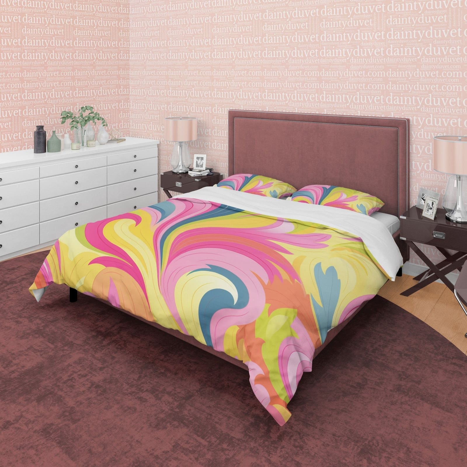 Bright Color Boho Bedding Colorful Duvet Cover Bohemian Bedroom Set, Pink Yellow Floral Quilt Cover, Aesthetic Bedspread,…
